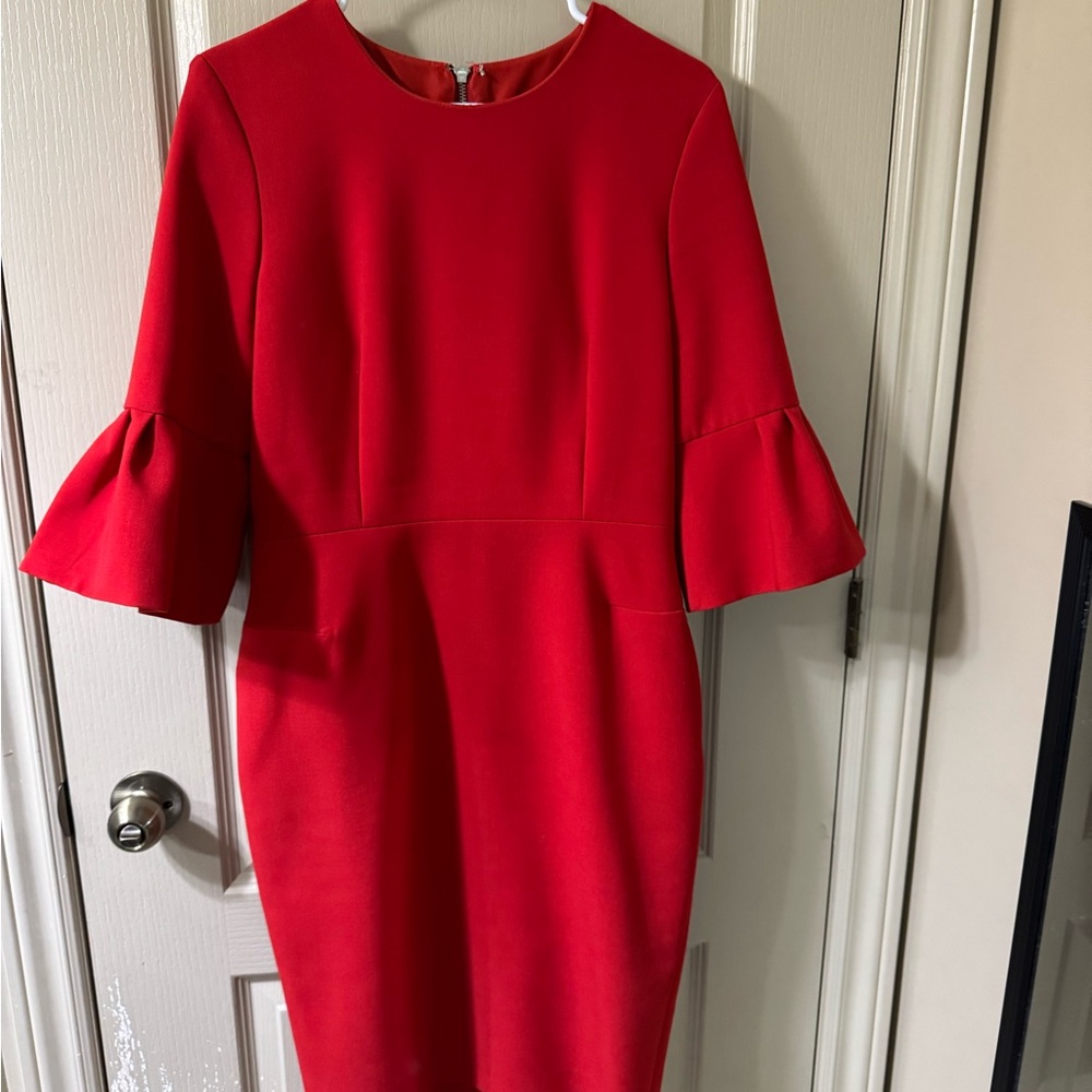 Red Sheath Dress with Bell Sleeves and Crew Neck